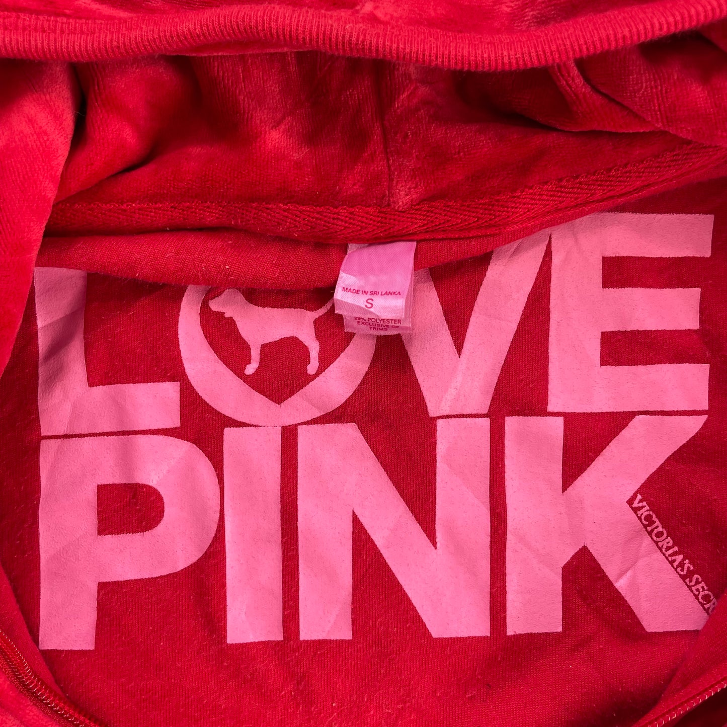 Victoria's Secret PINK Women's Red Velour Zip-Up Hoodie LOVE PINK Graphic Size S