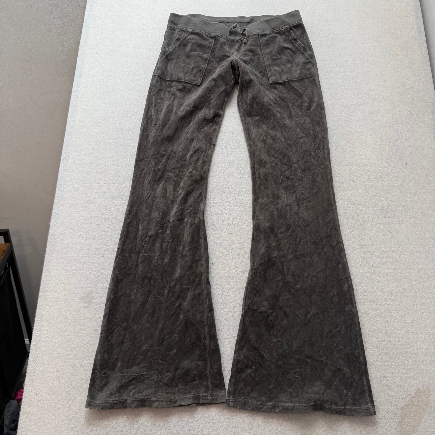 Vintage Juicy Couture Women Charcoal Gray Velour Flared Track Pant Pocket Size S