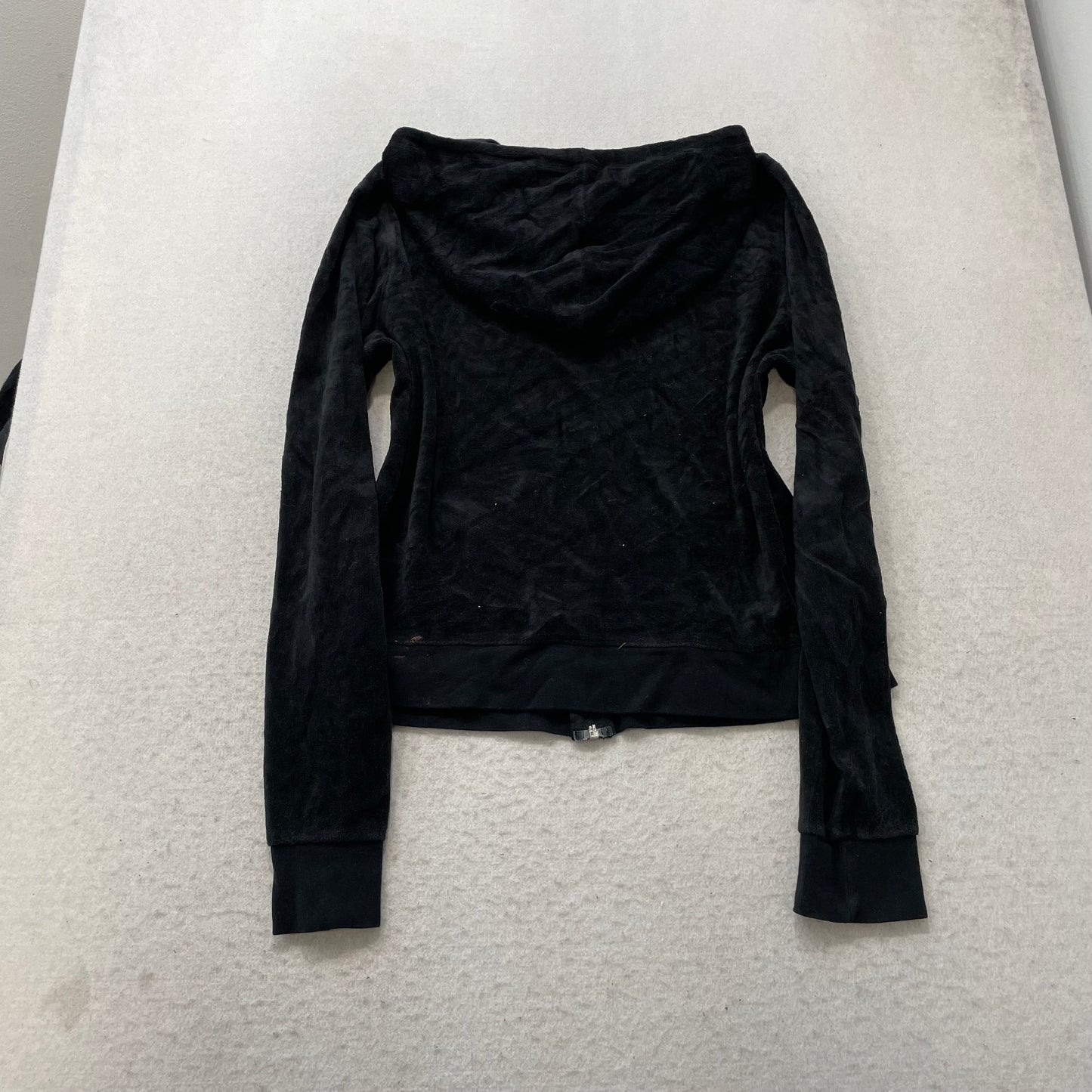 Vintage Juicy Couture Women Black Velour Zip-Up Hoodie Drawstring Pockets Size L