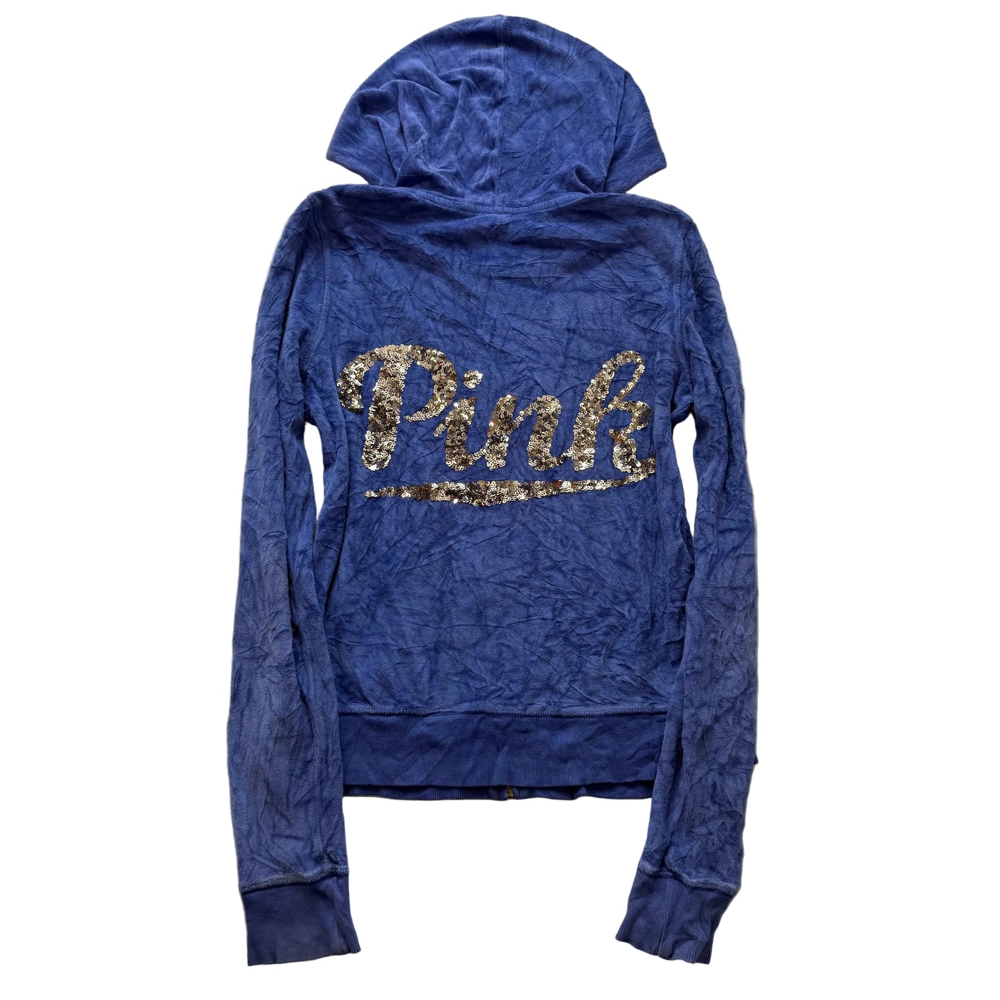 Victoria's Secret PINK Women's Deep Blue Velour Zip-Up Hoodie Gold Sequin Size M