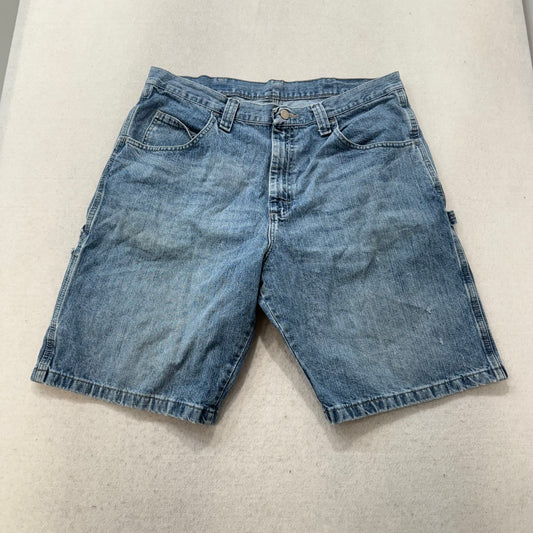 Wrangler Men's Medium Wash Blue Denim Baggy Carpenter Shorts Hammer Loop Size 36