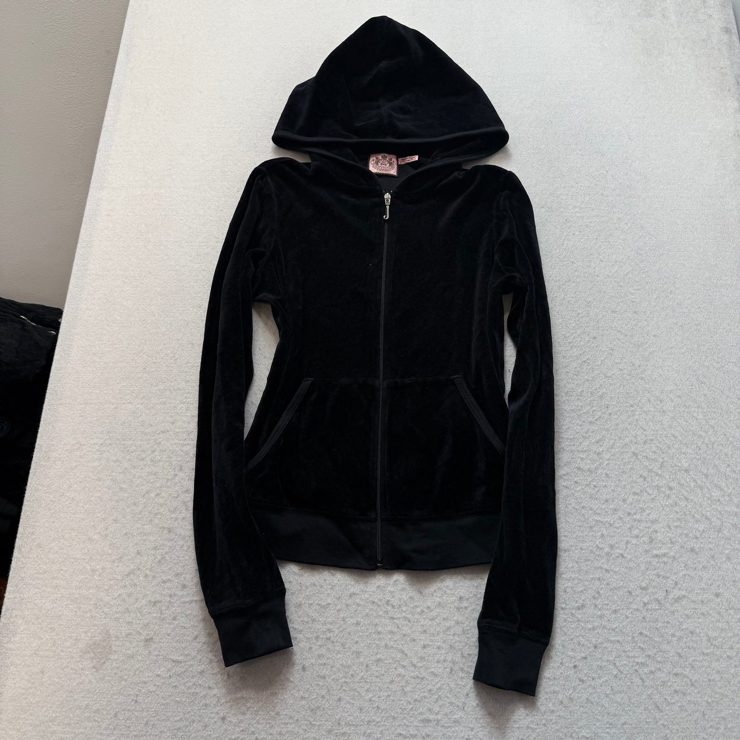 Vintage Juicy Couture “Lady Juicy” Women's Black Velour Full Zip Hoodie Size L