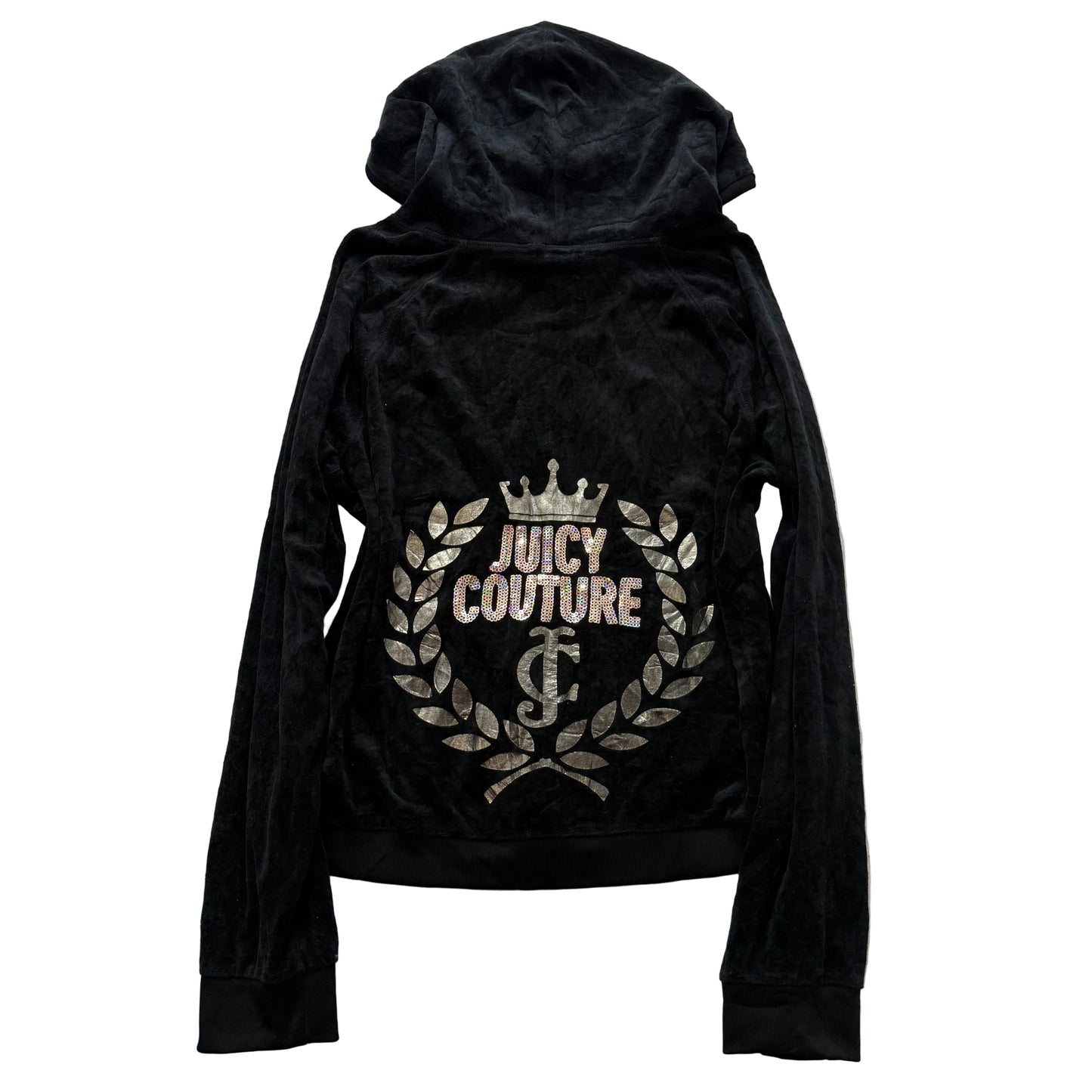 Juicy Couture Women's Black Velour Zip-Up Hoodie Gold Sequins Logo Y2K Size XL