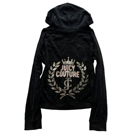 Juicy Couture Women's Black Velour Zip-Up Hoodie Gold Sequins Logo Y2K Size XL