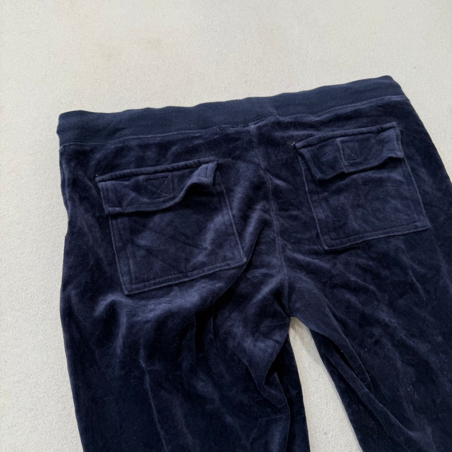 Vintage Juicy Couture Women's Navy Velour Flared Track Pant Flap Pockets Size S
