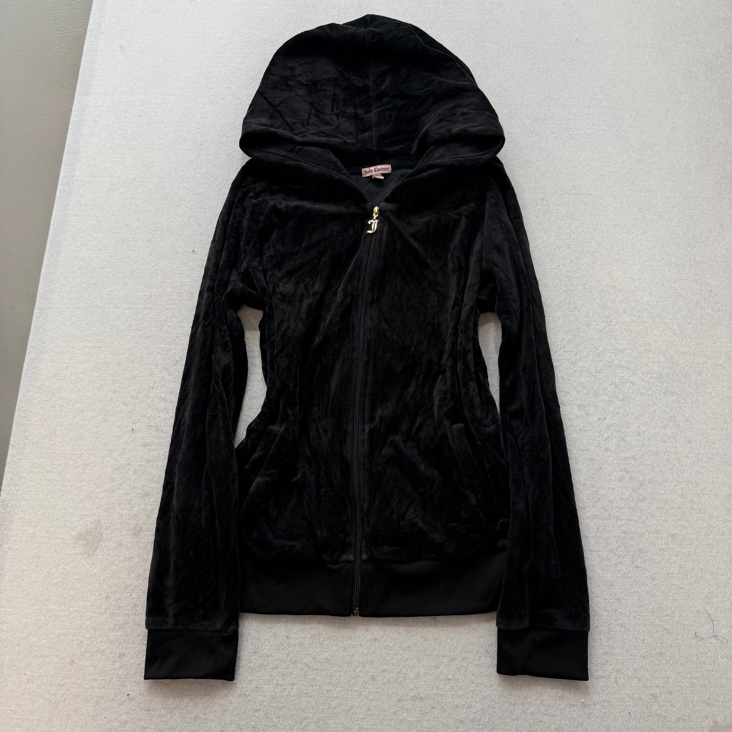 Juicy Couture Women's Black Velour Zip-Up Hoodie Rhinestones Accent Logo Size L