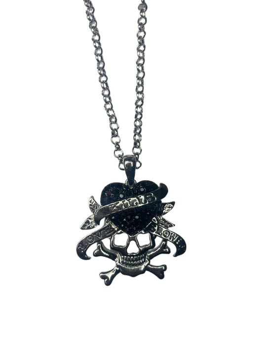 ED HARDY “Love Kills Slowly” BLACK STAINLESS STEEL RHINESTONE NECKLACE
