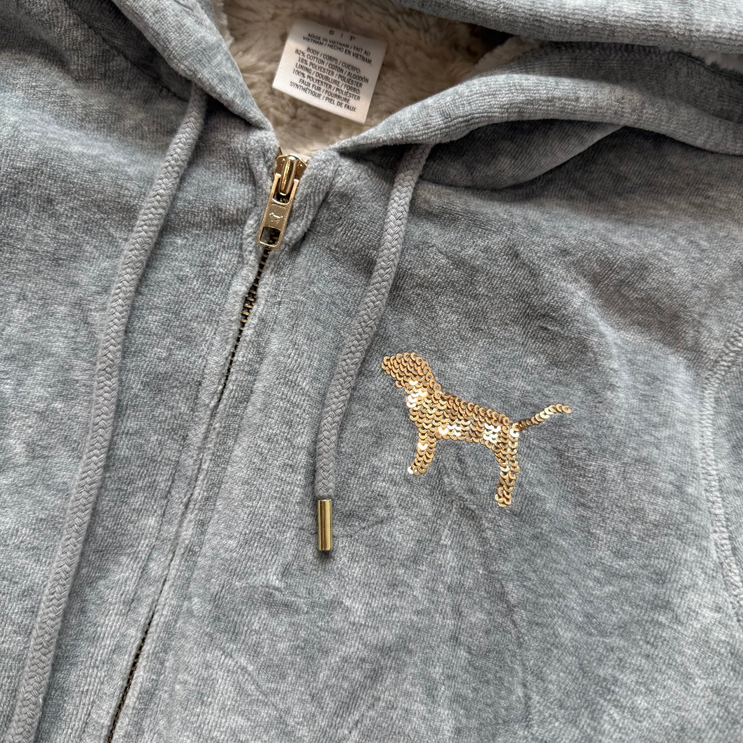 PINK Victoria's Secret Women's Gray Velour Hoodie Fur Lined Sequins Logo Size S