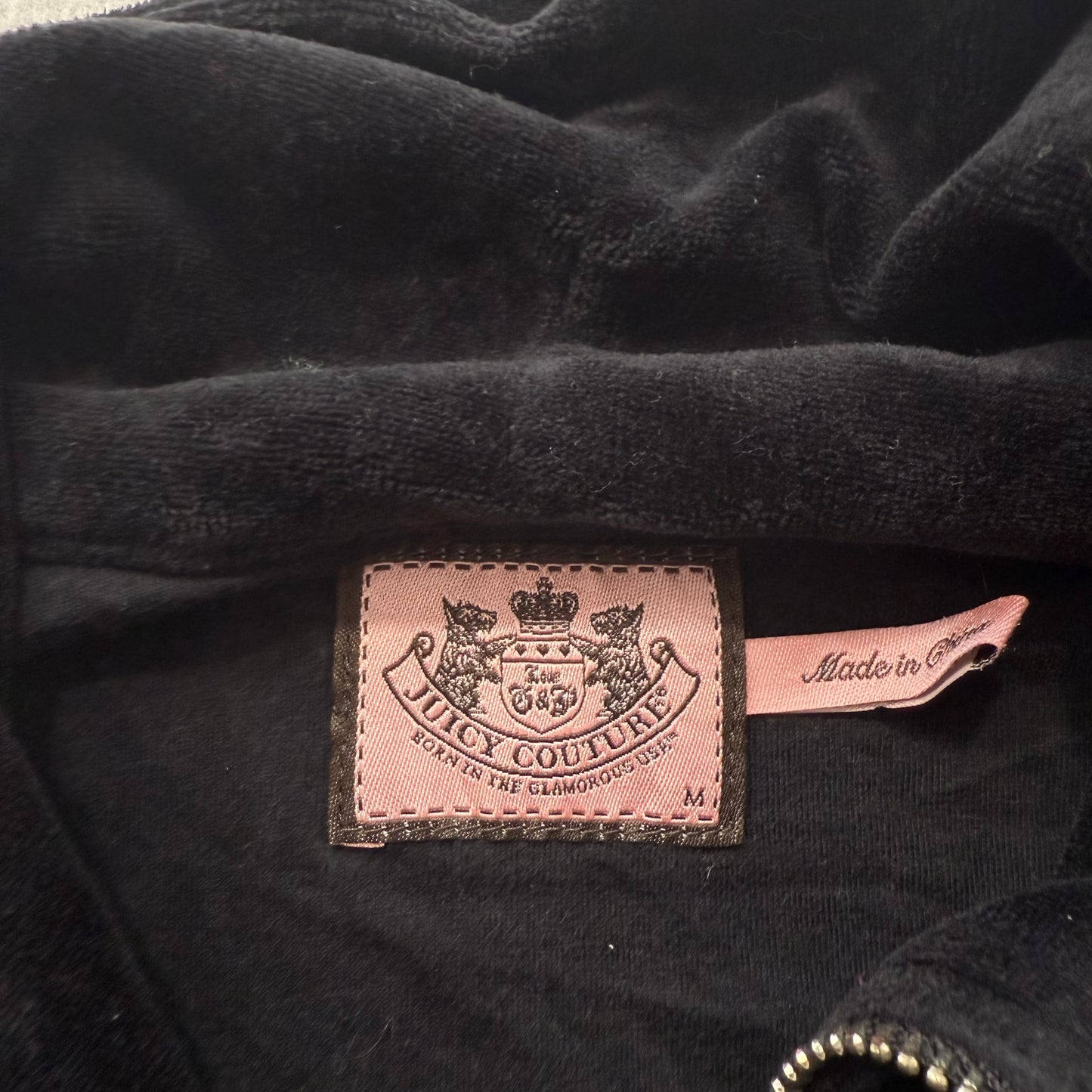 Juicy Couture Women's Black Velour Track Jacket Rhinestone Crown Graphic Size M
