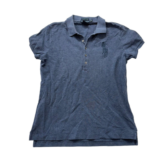Ralph Lauren The Skinny Polo Women's Navy Cotton Polo Shirt Cap Sleeves Size L