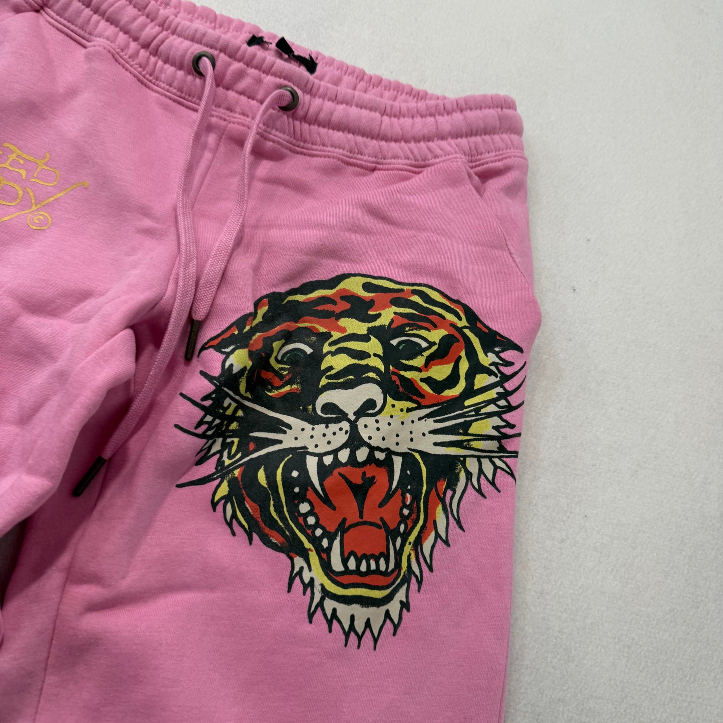 Ed Hardy Women's Bubblegum Pink Cotton Wide Leg Sweatpants Tiger Graphic Size S