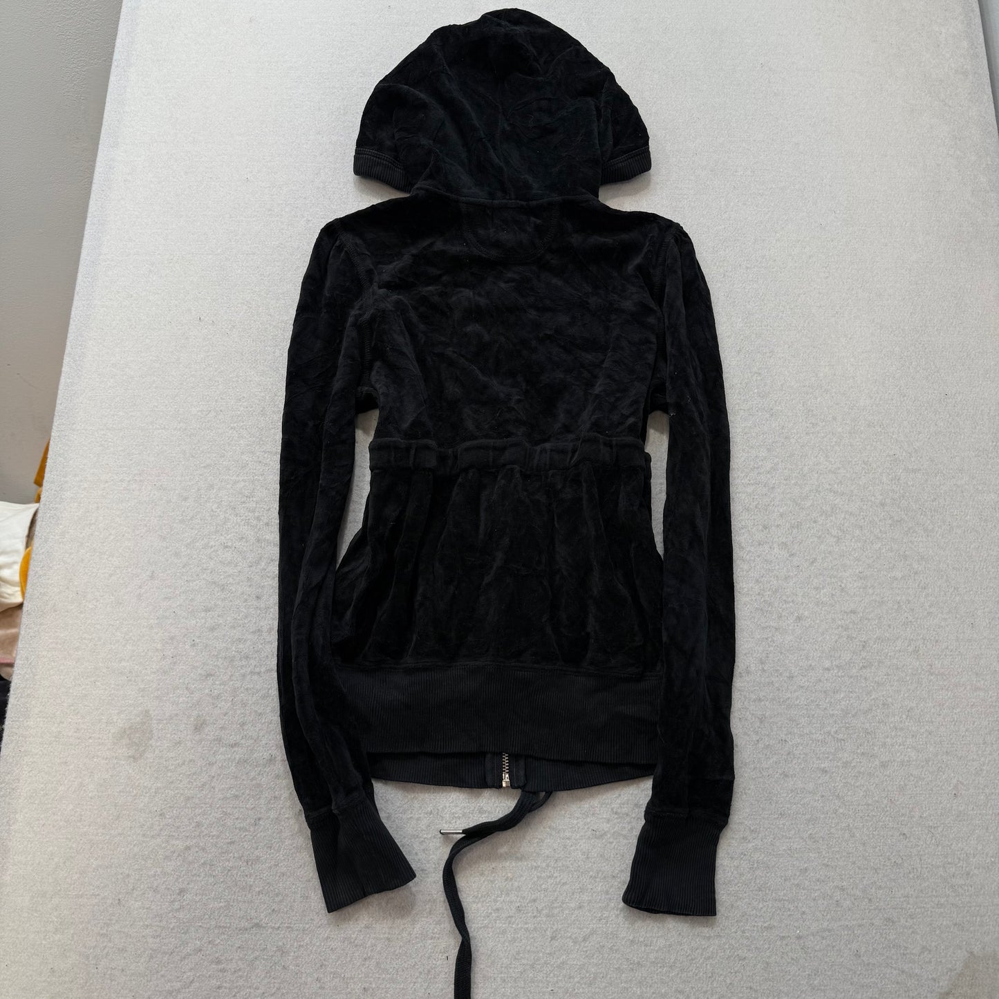 Juicy Couture Women's Black Velour Zip-Up Hoodie Drawstring Waist Pockets Size M