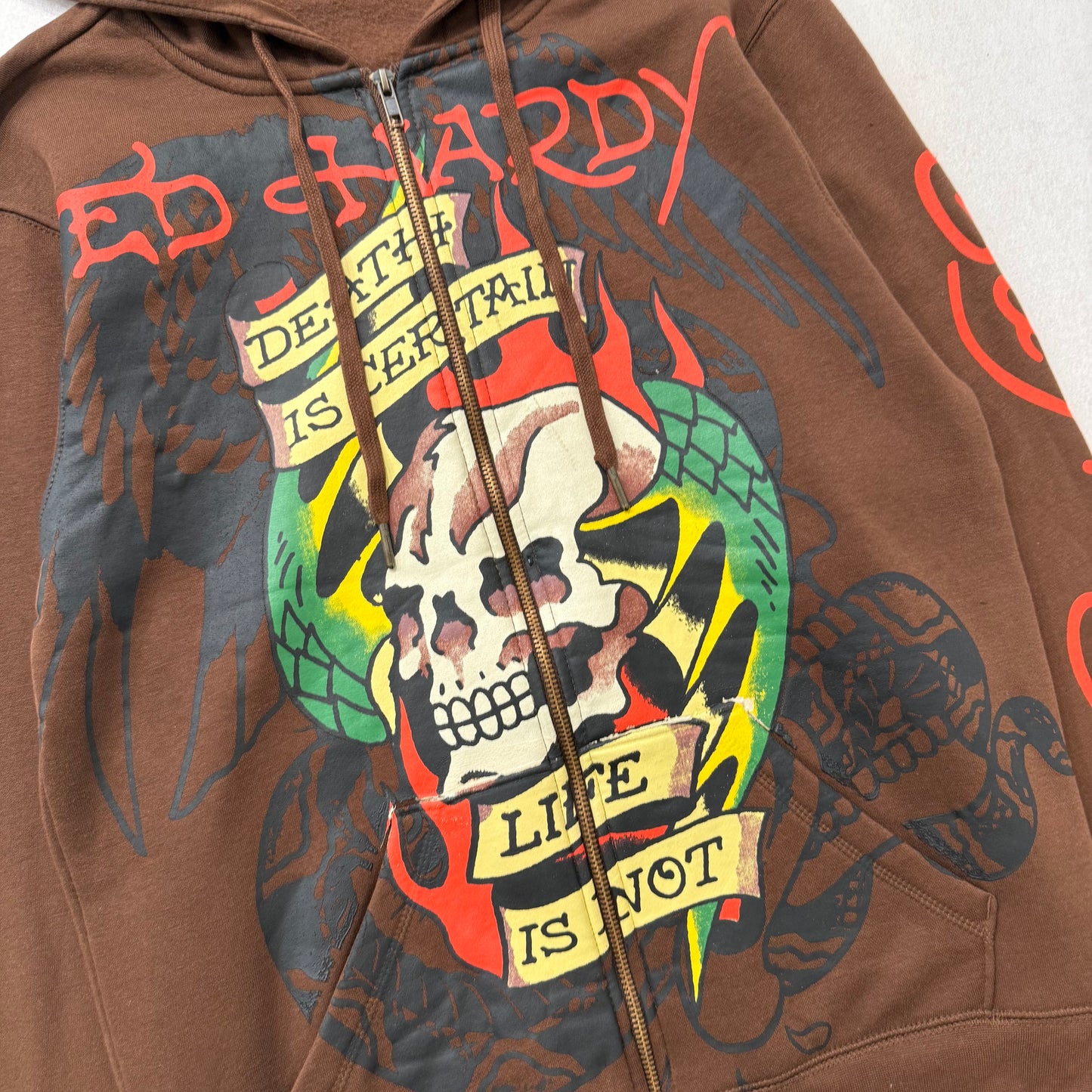 ED HARDY “Death is Certain, Life is Not” BROWN ZIP UP HOODIE