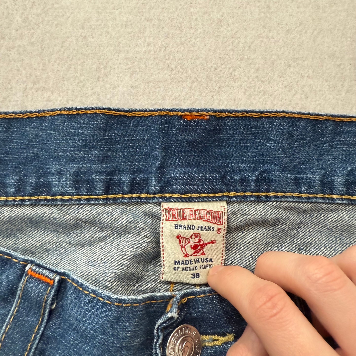 True Religion Men Blue Denim Straight Jeans Signature Horseshoe Pockets Waist 38