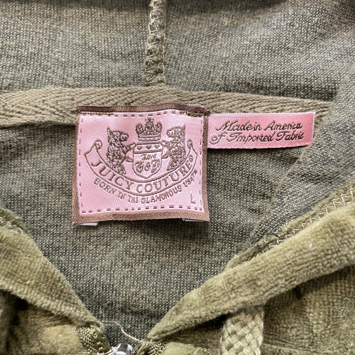 Vintage Juicy Couture Womens Olive Velour Zip-Up Hoodie Pocket Drawstring Size L