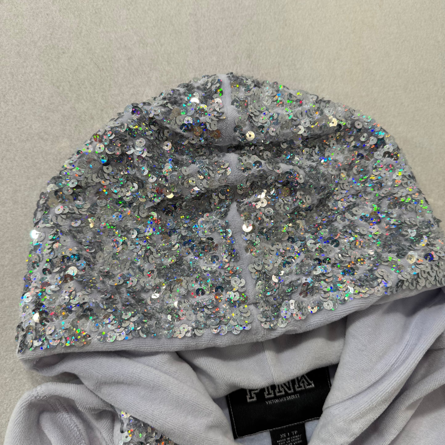Vintage Victoria’s Secret PINK Gray Velour Sequin Hooded Zip Hoodie Size XS