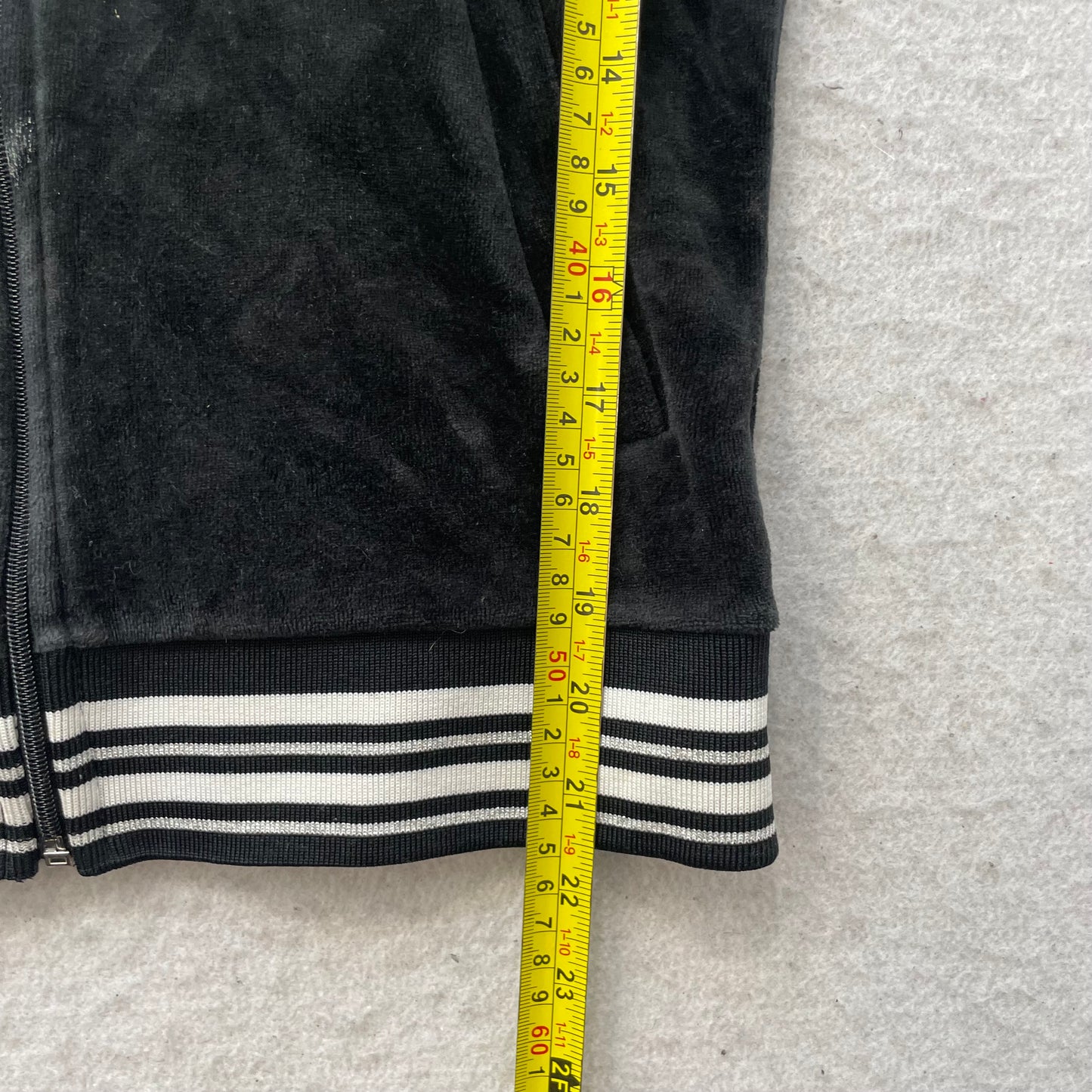 Juicy Couture Women's Black Velour Zip-Up Hoodie Striped Hem Loungewear Size XS