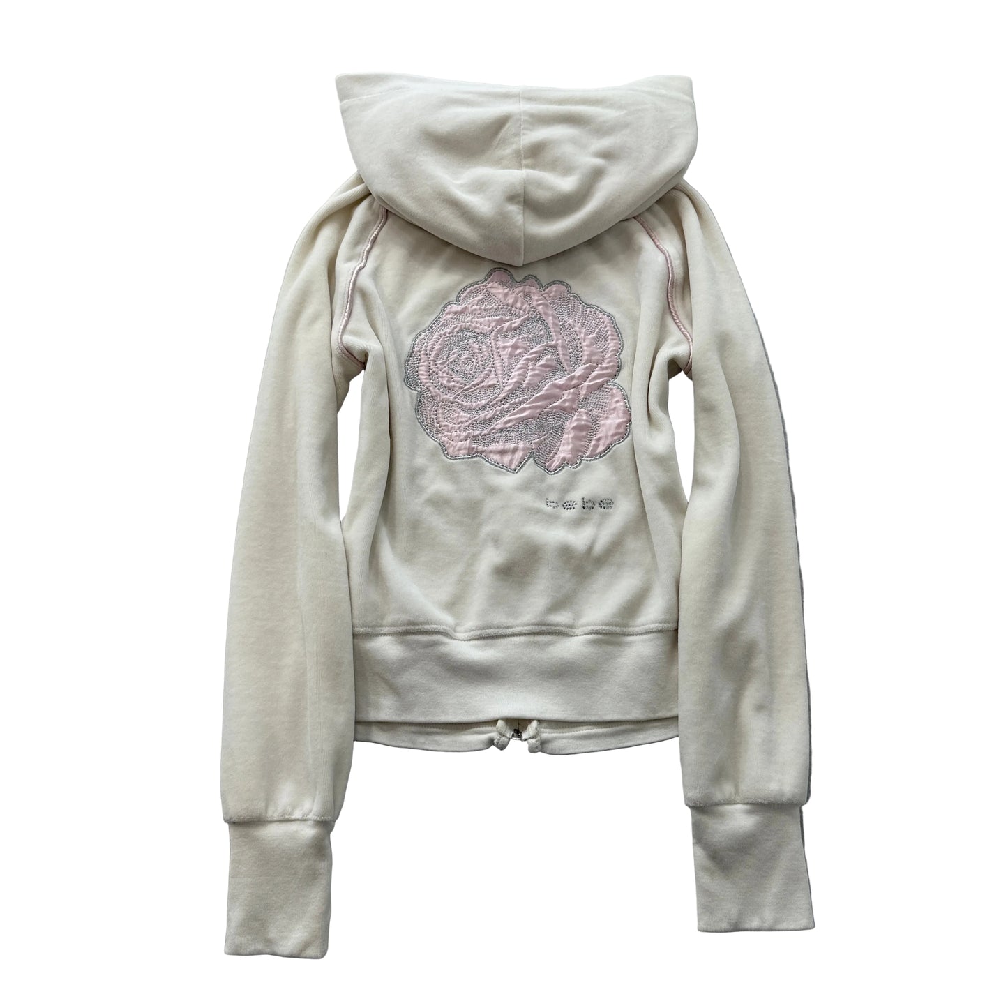 Bebe Womens Cream Velour Zip-Up Hoodie Pockets Embroidered Pink Rose Y2K Size XS