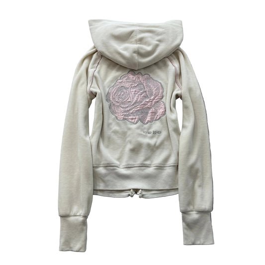 Bebe Womens Cream Velour Zip-Up Hoodie Pockets Embroidered Pink Rose Y2K Size XS