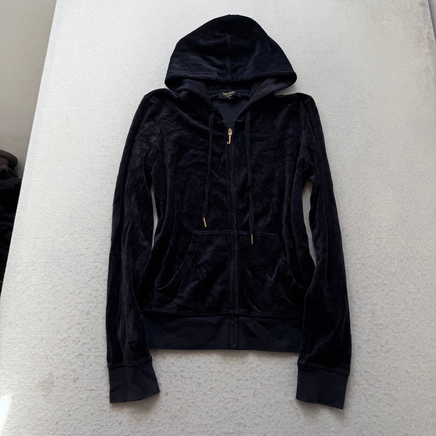 Juicy Couture Women Navy Velour Zip-Up Hoodie Gold Embellished Crown Logo Size M