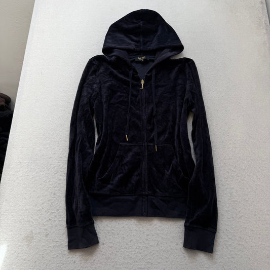 Juicy Couture Women Navy Velour Zip-Up Hoodie Gold Embellished Crown Logo Size M