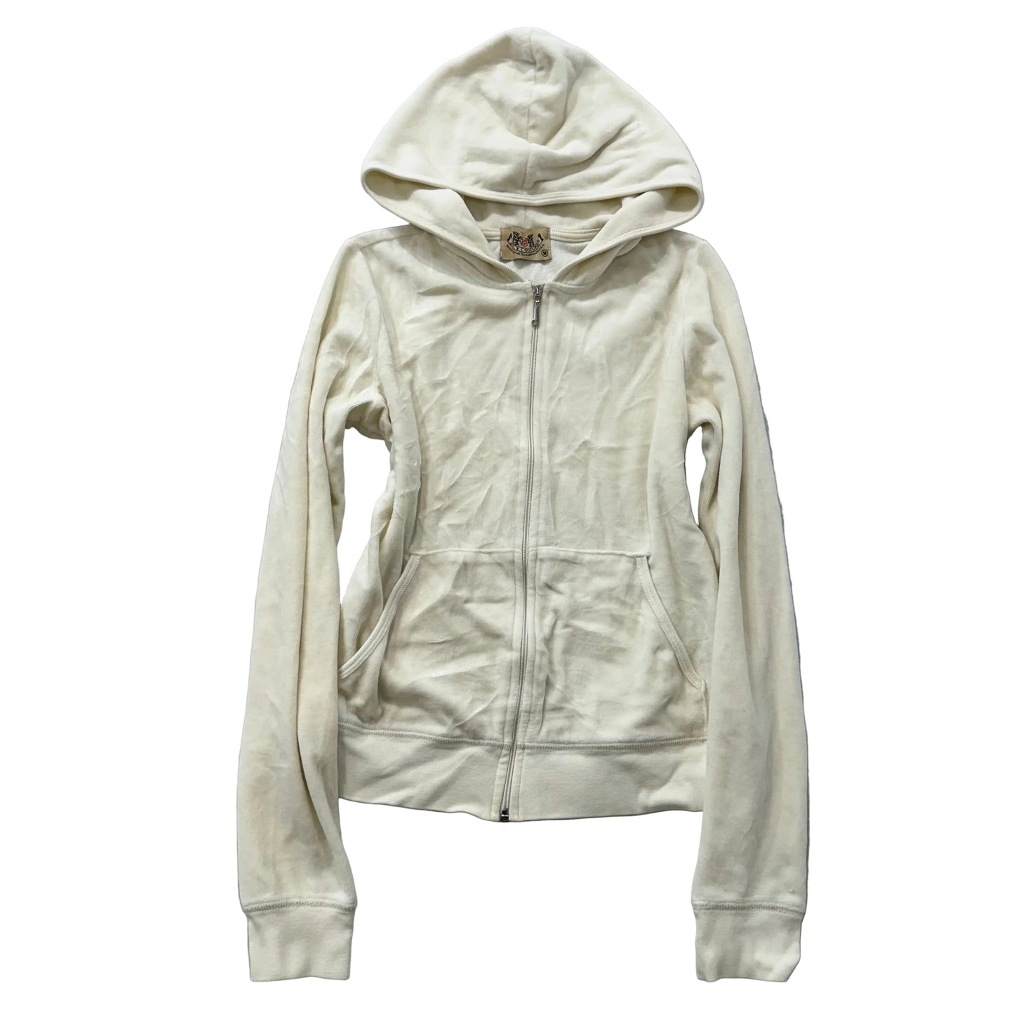Juicy Couture Women's Ivory Velour Full Zip Hoodie Split Kangaroo Pockets Size M