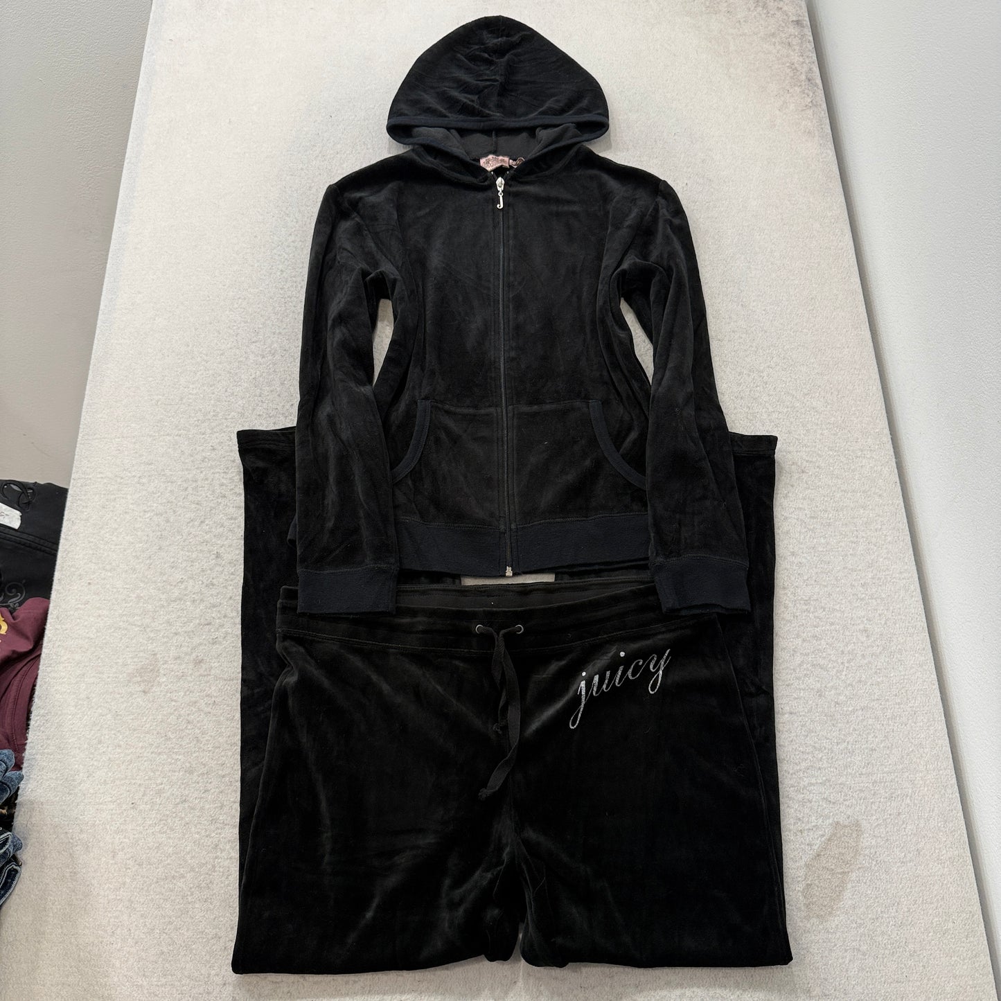 Vintage Juicy Couture Women's Black Velour Tracksuit Set Hoodie & Pants Size L