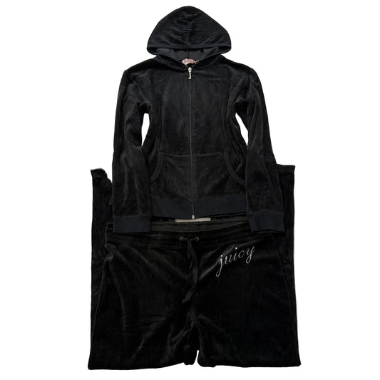 Vintage Juicy Couture Women's Black Velour Tracksuit Set Hoodie & Pants Size L