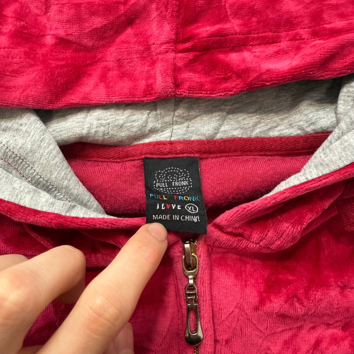 Pull Fronk Womens Cherry Red Velour Zip Up Hoodie Loungewear Monkey Logo Size XL