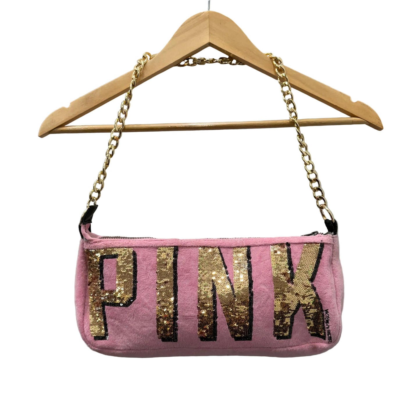 PINK Victoria's Secret Pink Velour Gold Sequin Logo Casual Shoulder Baguette Bag