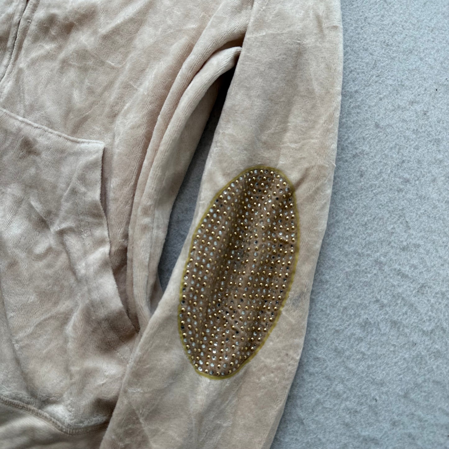 Juicy Couture Womens Beige Velour Zip-Up Hoodie Rhinestone Elbow Patches Size XL