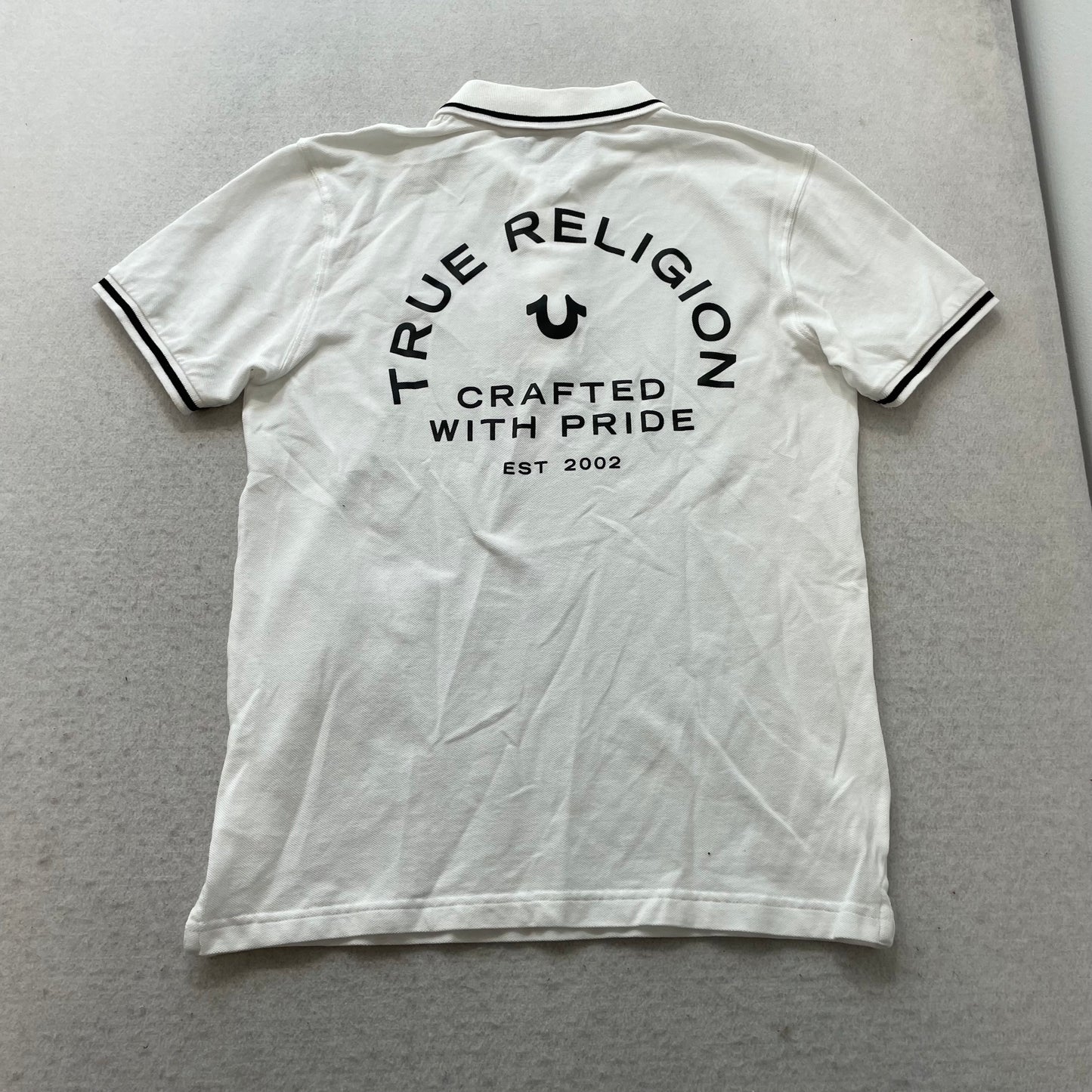 True Religion Polo Shirt Men's White Crafted With Pride Back Print Logo Size S