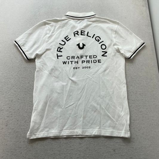 True Religion Polo Shirt Men's White Crafted With Pride Back Print Logo Size S