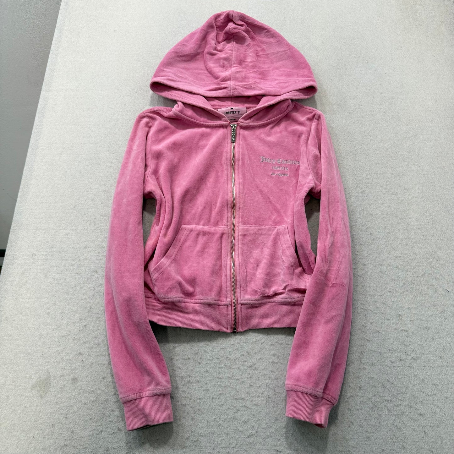 Juicy Couture Forever 21 Women Pink Velour Zip-Up Hoodie Rhinestones Logo Size M