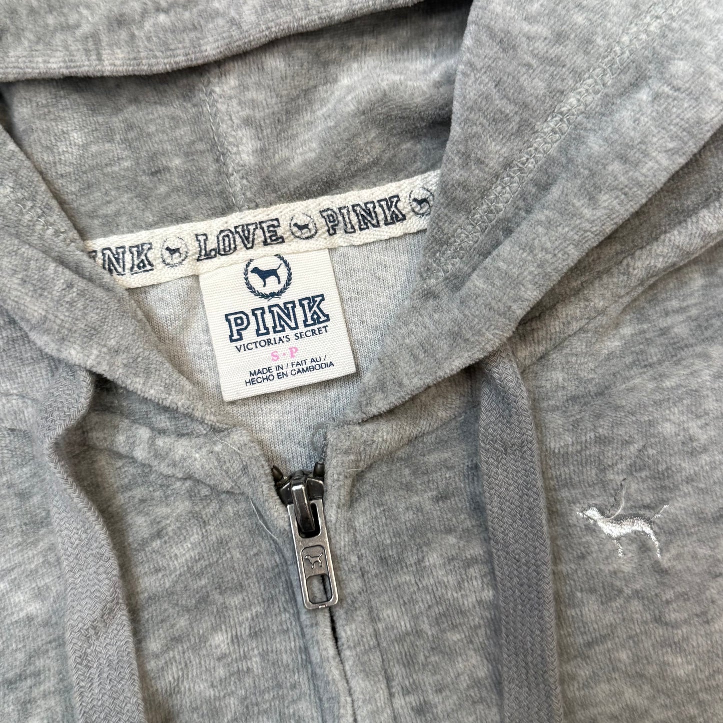 Victoria's Secret PINK Women's Gray Velour Zip-Up Hoodie Back Sequin Logo Size S