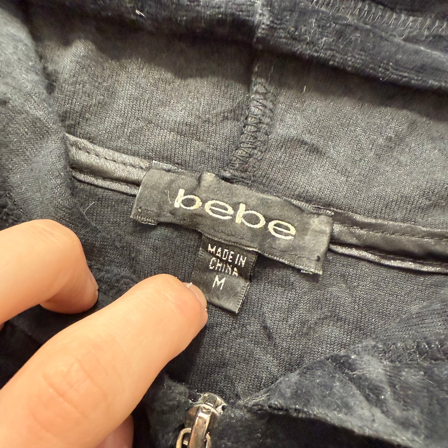 Bebe Women's Black Velour Full Zip Hoodie Rhinestones Logo Loungewear Y2K Size M