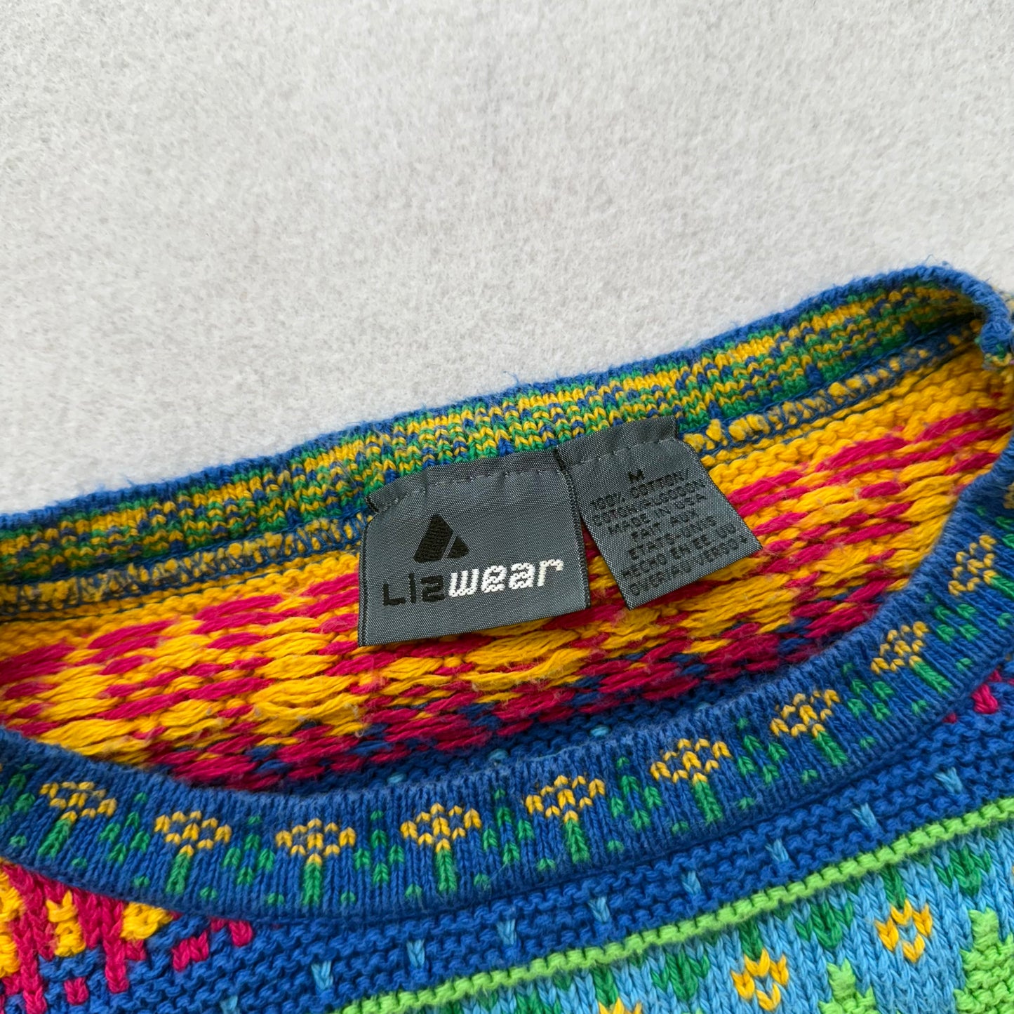 Liz Wear Women's Multicolor Cotton Geometric Knit Chunky Sweater Boxy Fit Size M