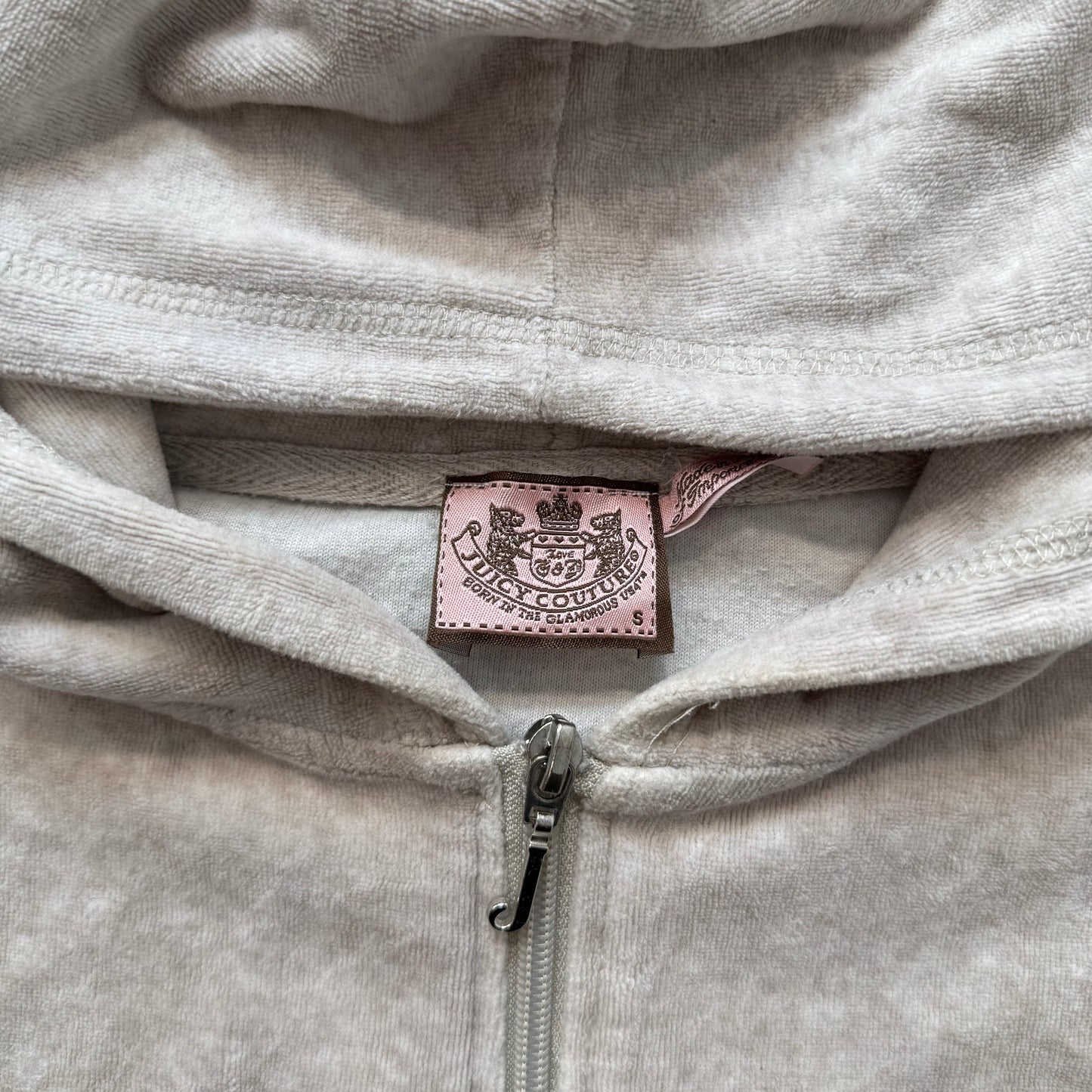 Vintage Juicy Couture Women's Light Taupe Velour Full Zip Hoodie Pockets Size S