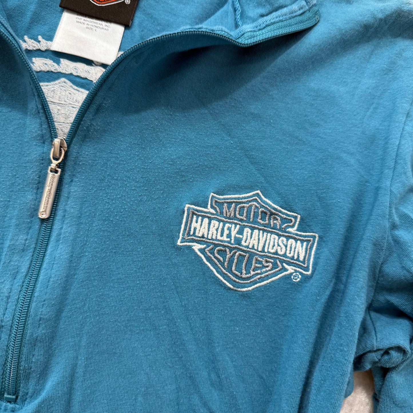 Harley Davidson Women's Teal Blue Cotton Pullover Shirt Quarter Zip Logo Size L