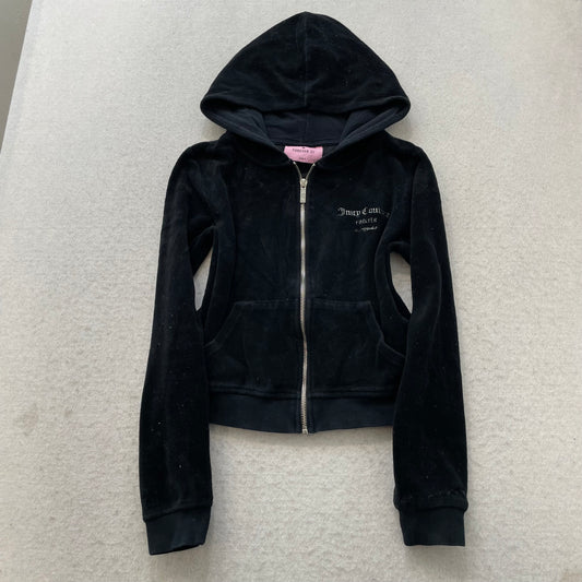 Juicy Couture Women's Black Velour Zip-Up Hoodie Drawstring Pockets Logo Size S