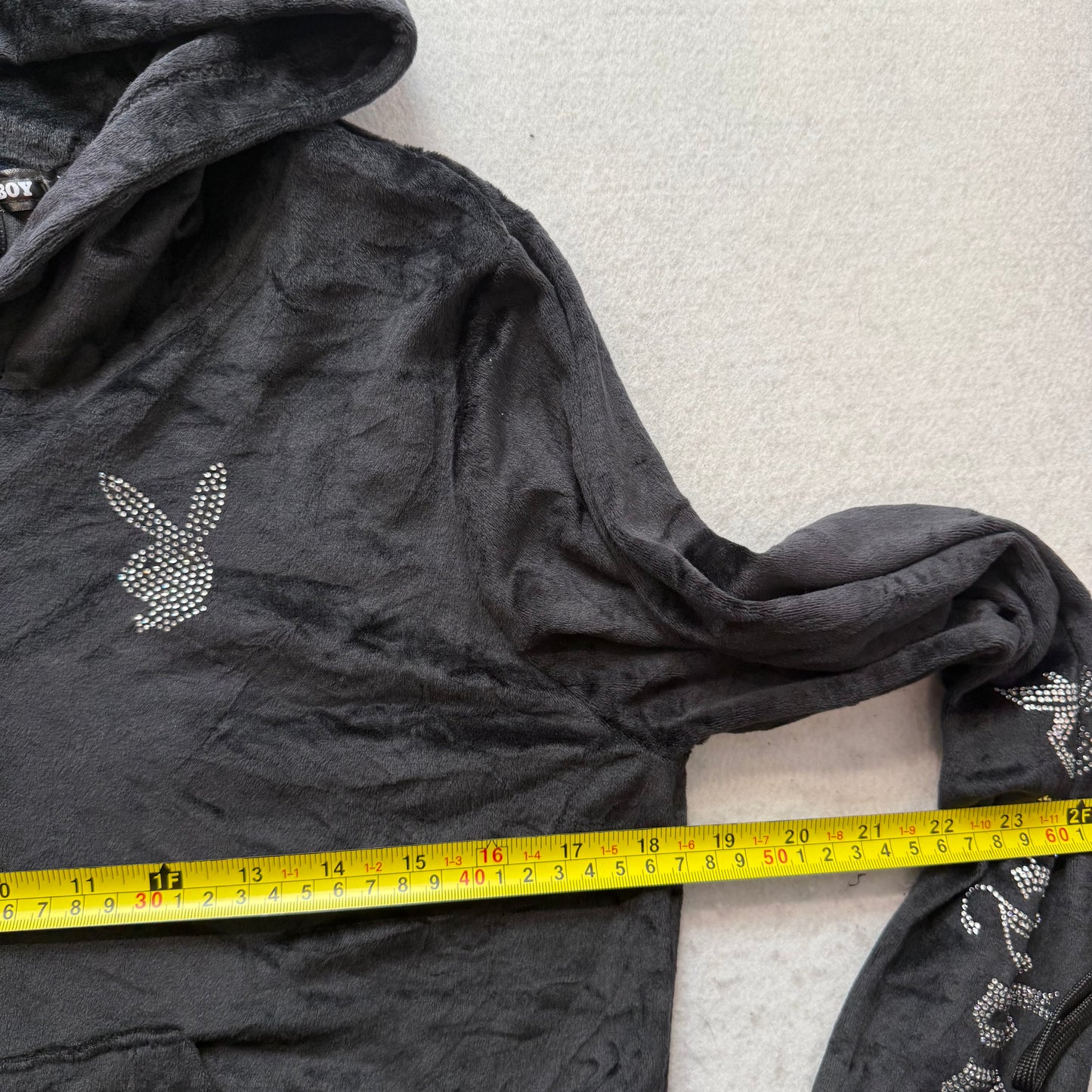 Playboy Women's Black Velour Full Zip Cropped Hoodie Rhinestone Logo Y2K Size L