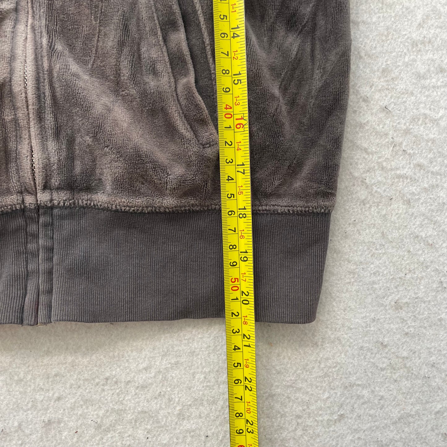 Juicy Couture Women Charcoal Grey Velour Zip-Up Hoodie Back Graphic Print Size P