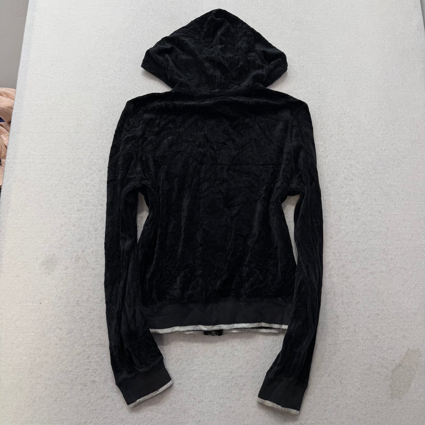 Bebe Women's Black Velour Full Zip Hoodie Rhinestones Logo Loungewear Y2K Size M
