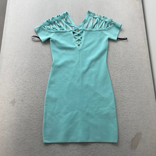 Bebe Women's Turquoise Cage Strappy Off-The-Shoulder Bodycon Mini Dress Size S