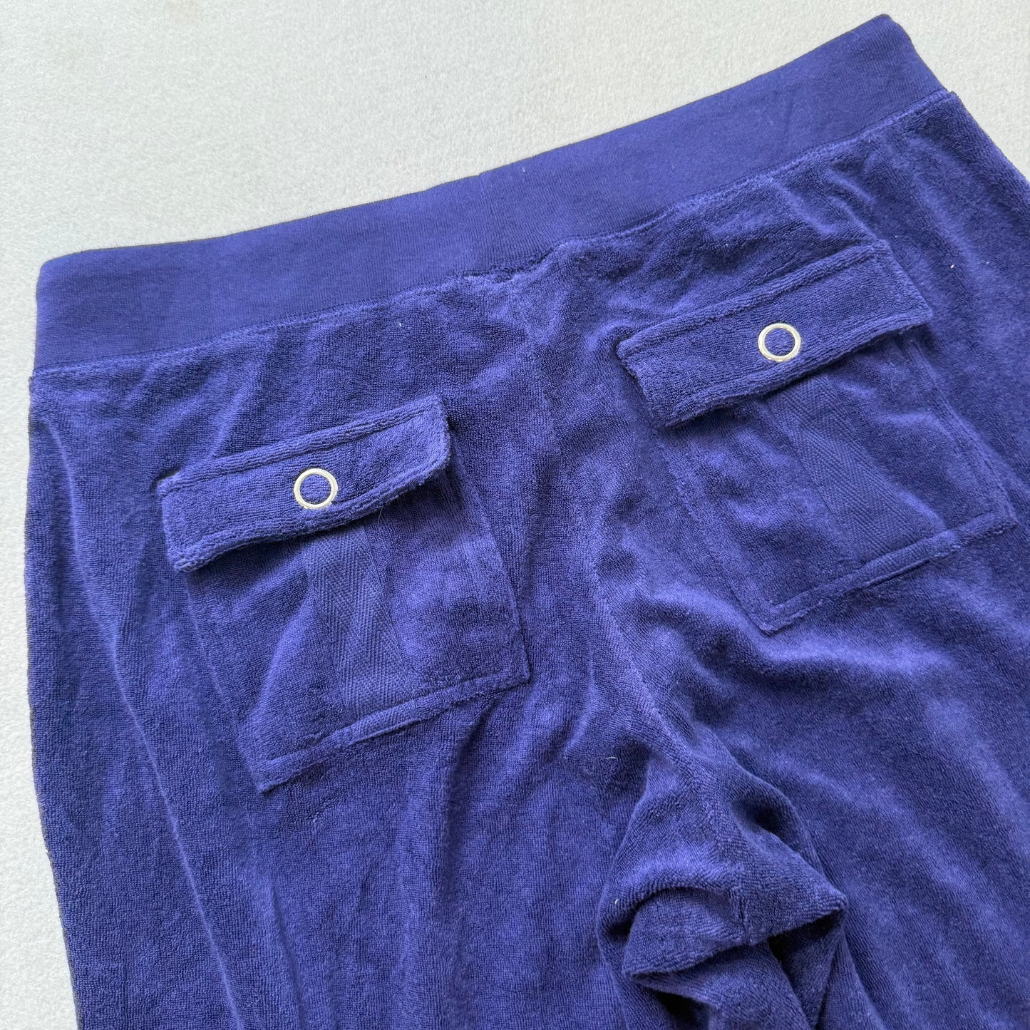Juicy Couture Women Navy Terry Cloth Flared Track Pant Snap Button Pocket Size M