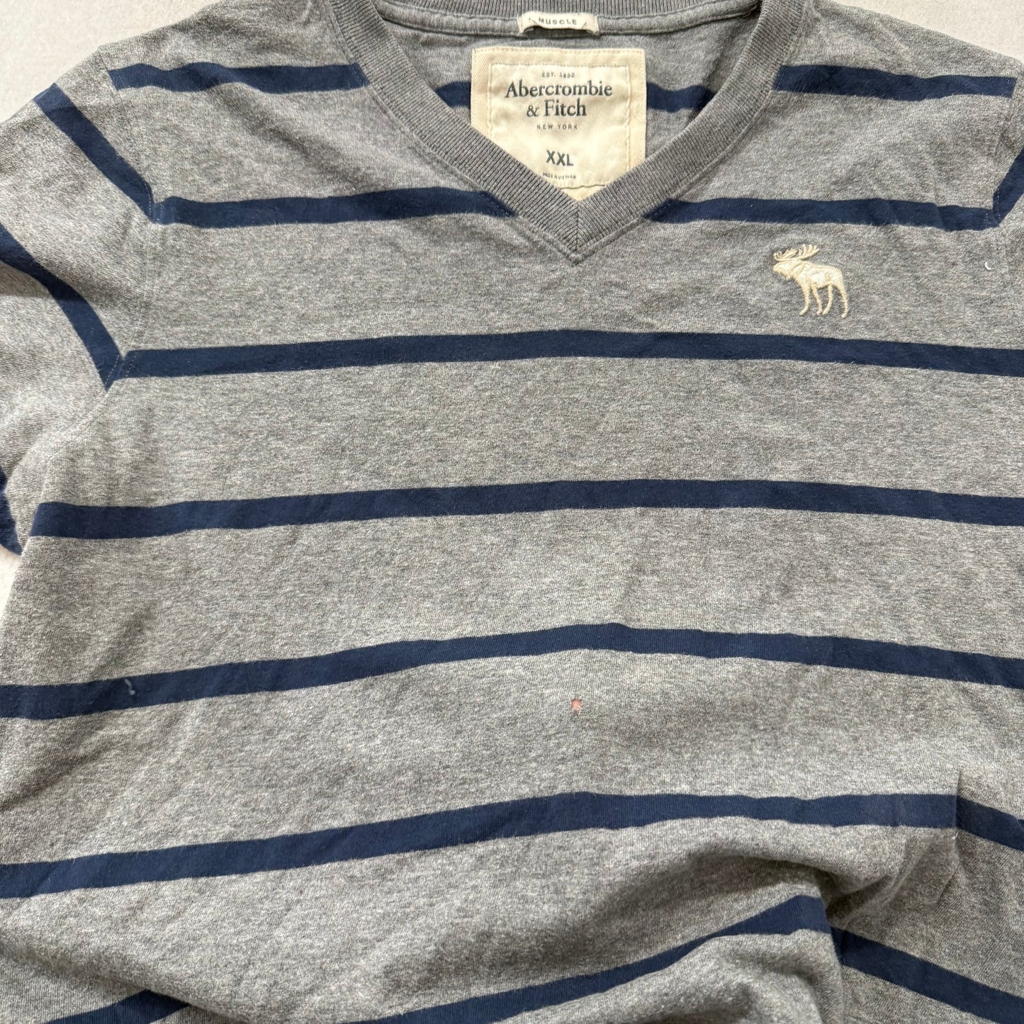 Abercrombie & Fitch Co. Men's Gray Navy Stripes Cotton T-Shirt V-Neck Size 2XL