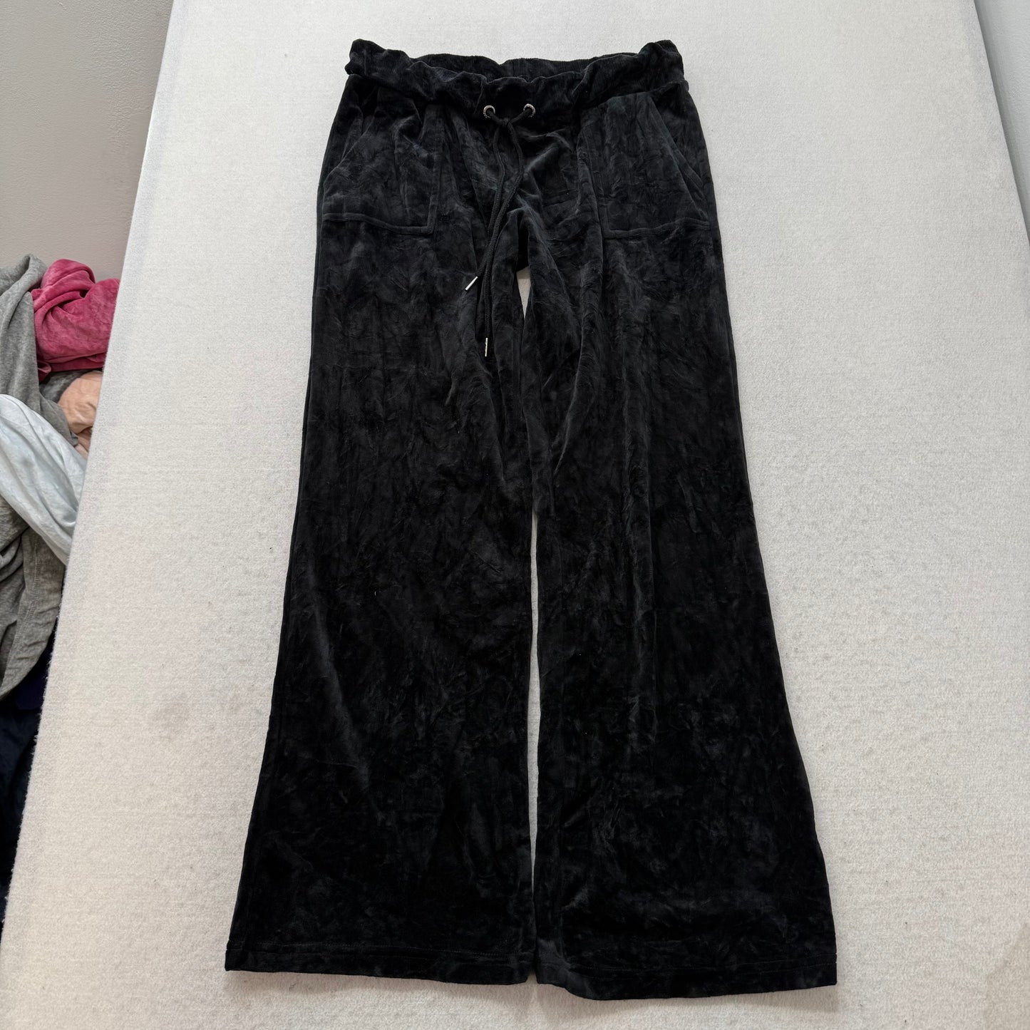 Bebe Women's Black Velour Flared Track Pant Loungewear Sequin Logo Pocket Size L