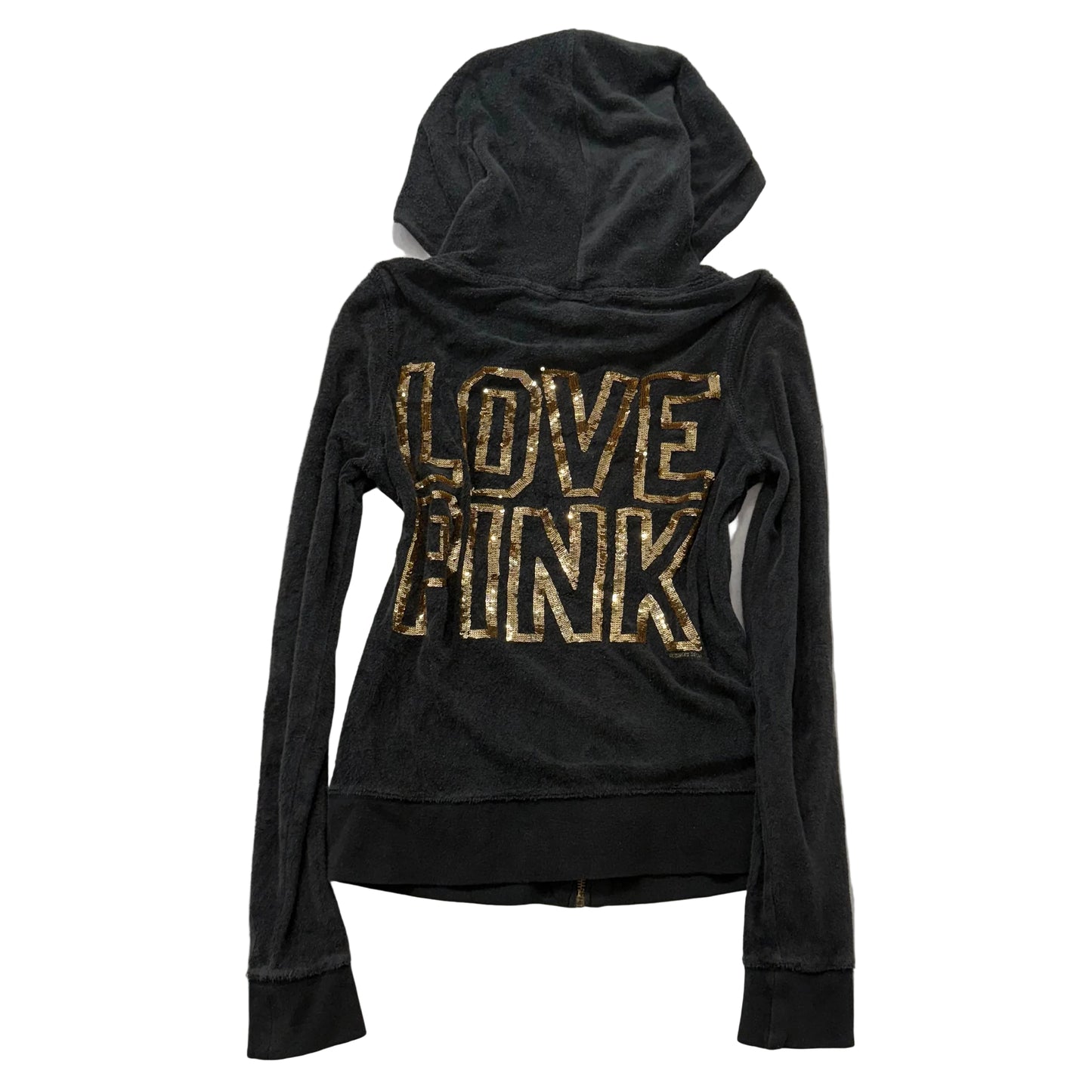Vintage Victoria’s Secret Love PINK Black Terry Cloth Sequin Hoodie Size XS