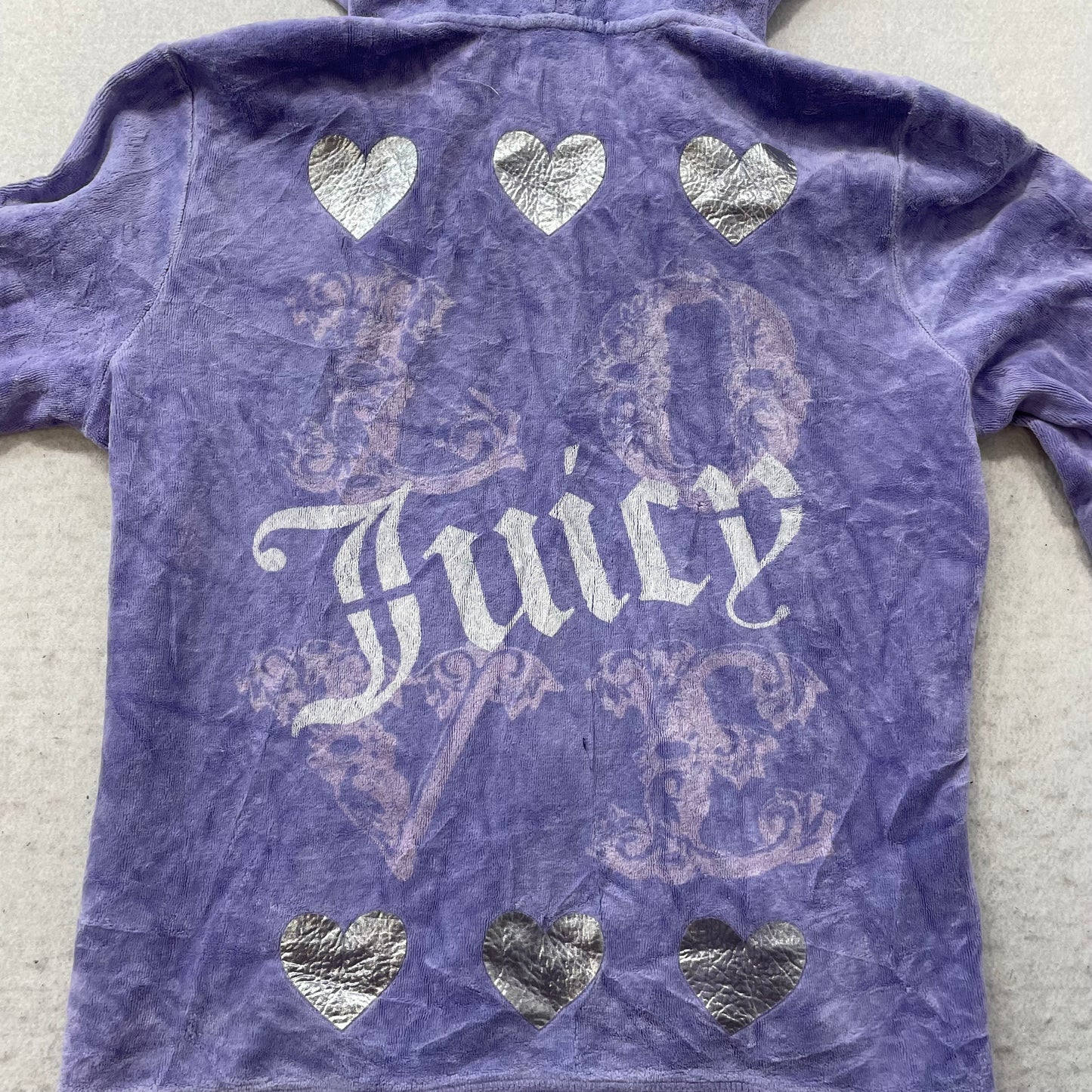 Vintage Juicy Couture Women's Purple Velour Zip-Up Hoodie Glitter Logo Size L