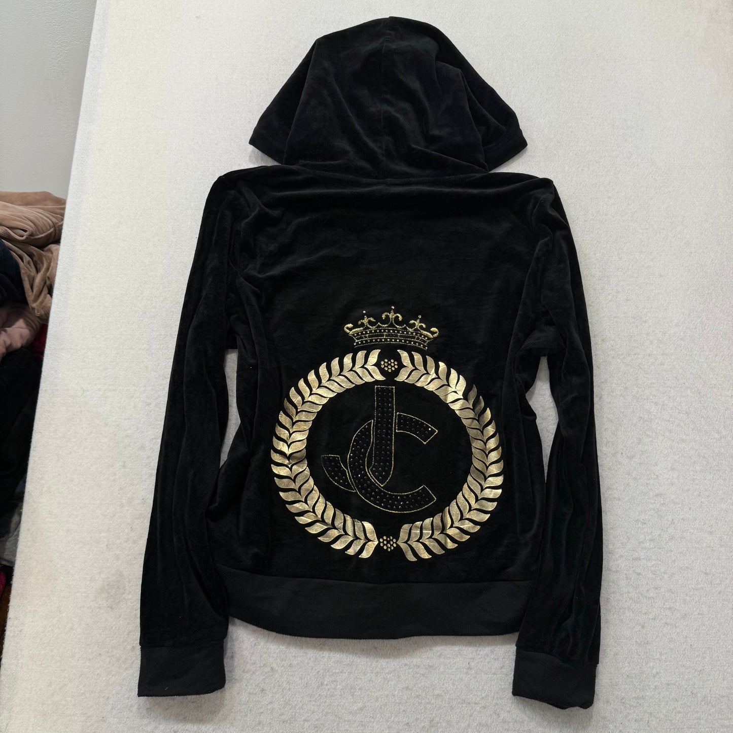 Juicy Couture Women's Black Velour Tracksuit Set Hoodie & Pant Crest Logo Size L